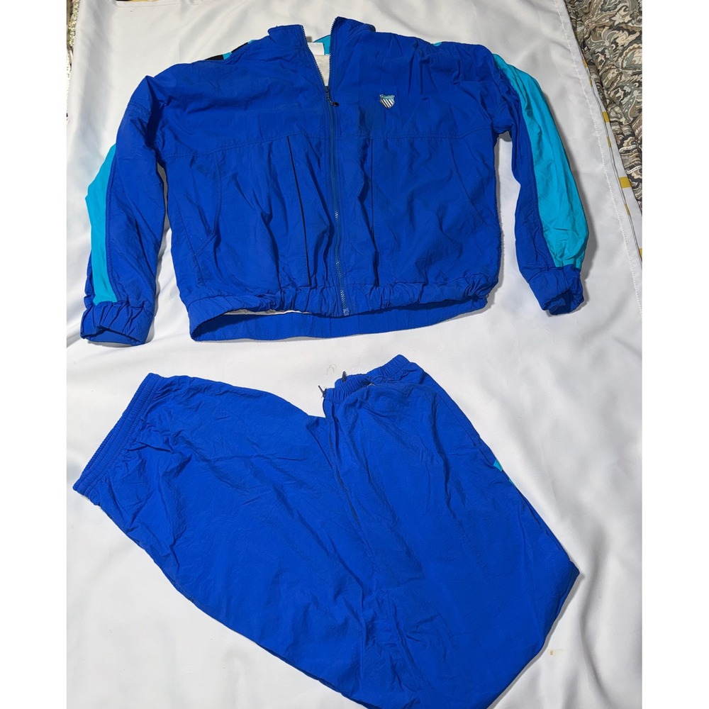 Vintage K-Swiss Tracksuit Royal Blue Teal Windbreaker Pants Set Mens XL USA Made